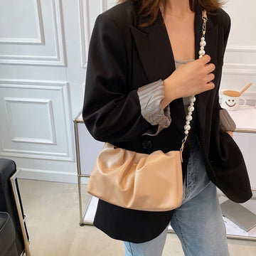Xajzpa Fashion Pleated Crossbody Shoulder Bag Fashion Cloud PU Leather Small Handbags Purse Women Pearl Luxury Design Underarm Bags